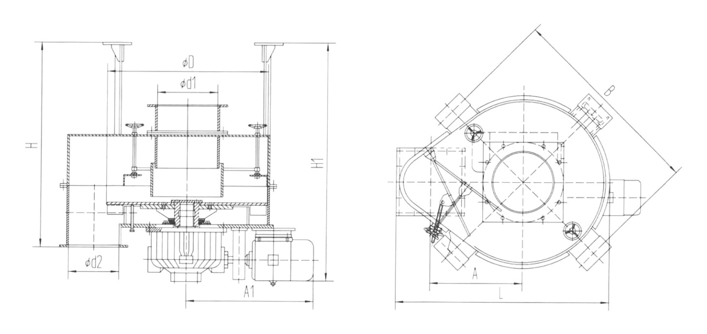 DB(DK)系列吊式圓盤給料機外形簡圖 DB(DK)系列吊式圓盤給料機外形簡圖-河南振江機械